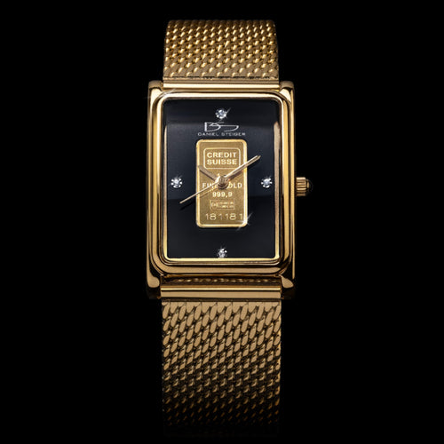 24k Ingot Gold Mesh Watch with black rectangular dial