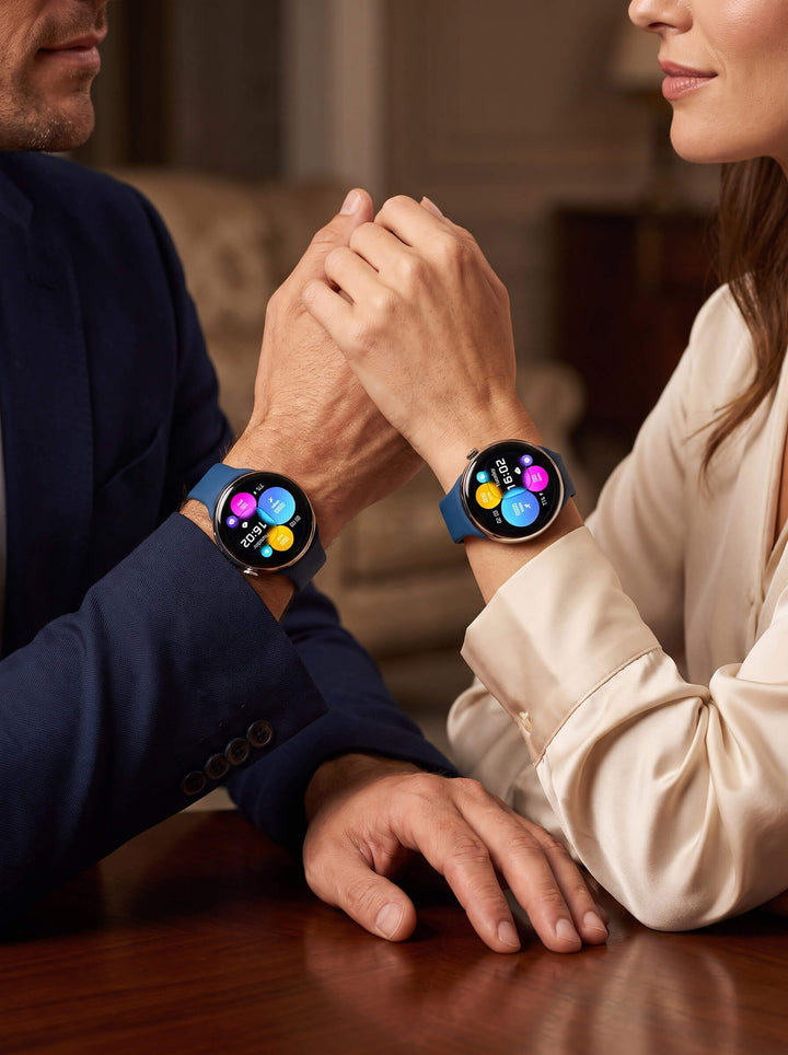 Pace Unisex Smart Watch shown on two wrists with colorful touchscreen displays as a couple shares a moment Up To 75% Off Retail
