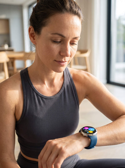 Pace Unisex Smart Watch worn by a woman checking fitness readings during a workout Up To 75% Off Retail