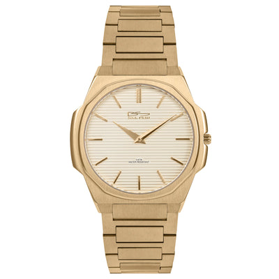 Delta Slimline Men's Watch in gold tone with integrated link bracelet and striped dial with slim hands. Elegant timepiece offered Up To 75% Off Retail