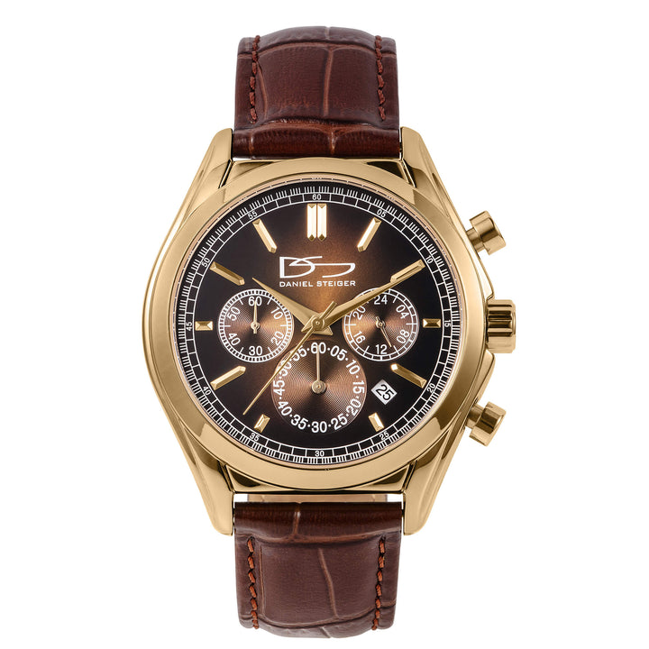 Vicerory Watch & Bracelet Box Set featuring a gold tone chronograph watch with brown leather strap and black dial Up To 75% Off Retail