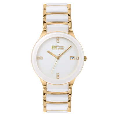 Ceramic Blanc Men's Watch with white ceramic and gold tone bracelet, white dial, and crystal hour markers Up To 75% Off Retail