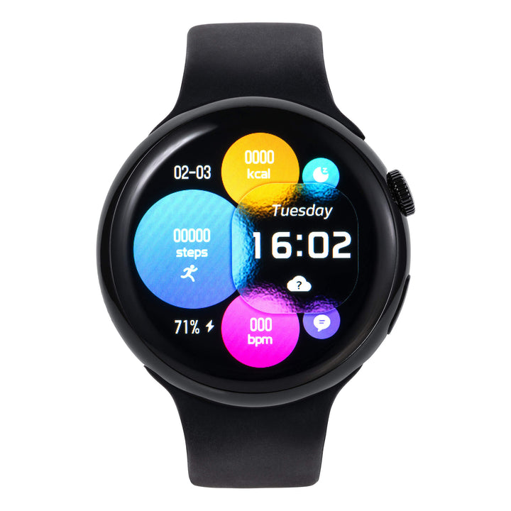 Pace Unisex Smart Watch with black round case colorful fitness display showing steps calories heart rate and digital time Up To 75% Off Retail