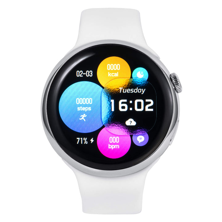 Pace Unisex Smart Watch with white band round display showing time steps calories and heart rate Up To 75% Off Retail