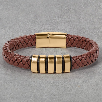 Vicerory Watch & Bracelet Box Set featuring a brown braided leather bracelet with polished gold tone clasp and accent bars, Up To 75% Off Retail