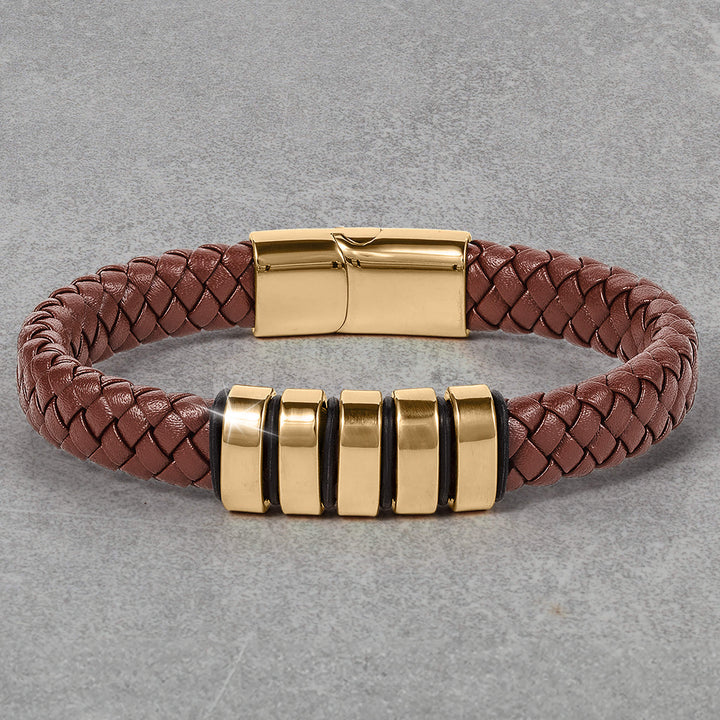 Vicerory Watch & Bracelet Box Set featuring a brown braided leather bracelet with polished gold tone clasp and accent bars, Up To 75% Off Retail