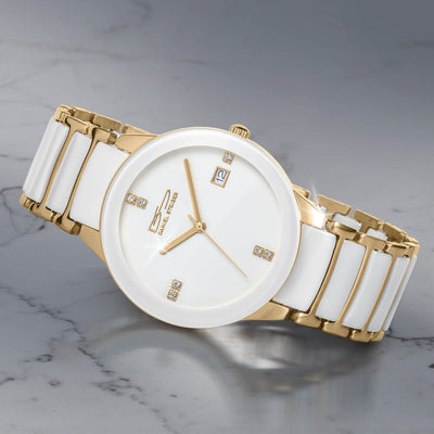 Ceramic Blanc Men's Watch with a white ceramic bracelet gold tone case and minimalist white dial showcased as a refined timepiece Up To 75% Off Retail