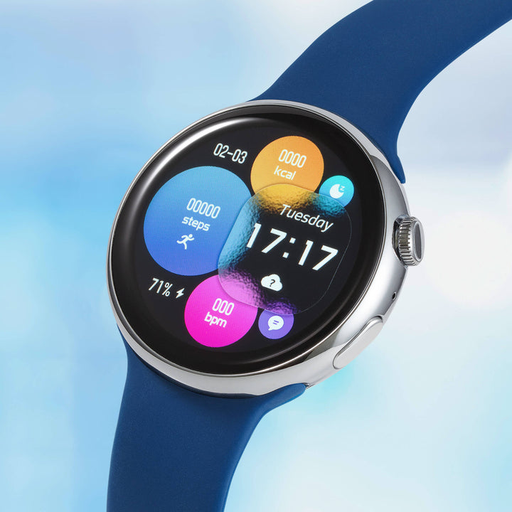 Pace Unisex Smart Watch with blue silicone band and colorful health tracking display showing steps heart rate calories and time Up To 75% Off Retail
