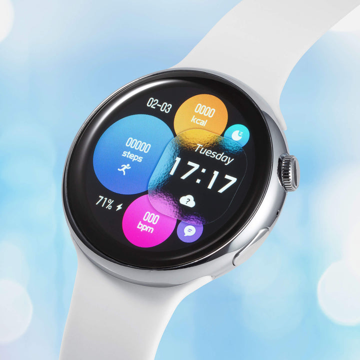 Pace Unisex Smart Watch with white band and colorful health tracking display showing steps calories heart rate and time Up To 75% Off Retail