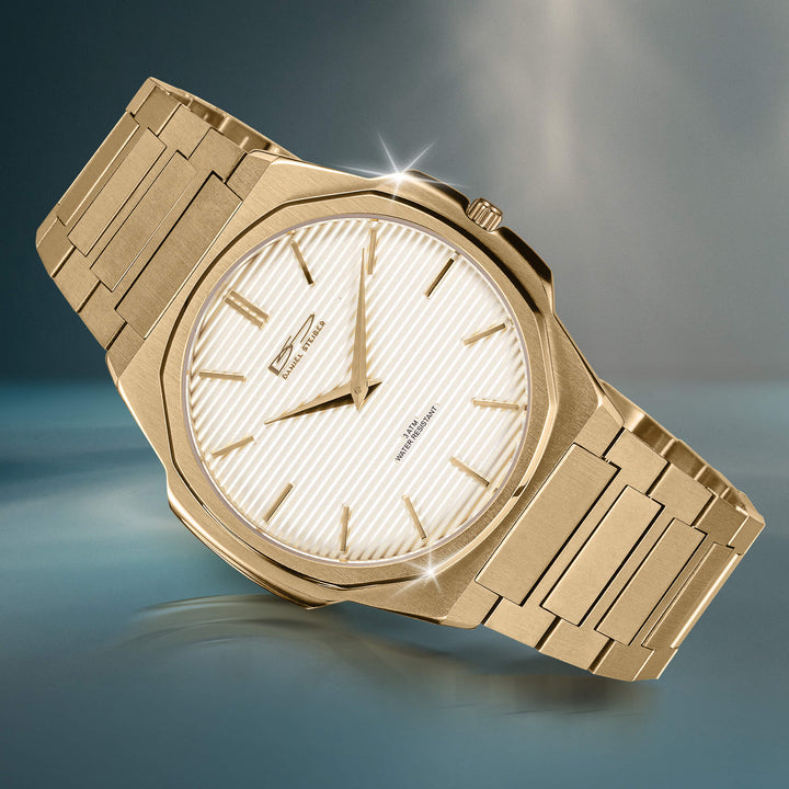 Delta Slimline Men's Watch in polished gold tone with textured white dial and matching link bracelet. Elegant timepiece Up To 75% Off Retail
