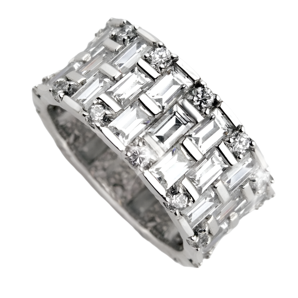 Sterling silver Baguette Eternity Ring for women featuring a rhodium plating and an intricate design of baguette and round-cut stones set in a luxurious band.