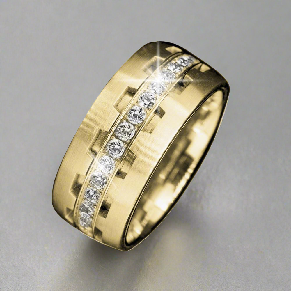 Grand Prix Men's Ring crafted from gold-plated stainless steel featuring a row of sparkling gemstones set in the center for a bold, elegant jewelry statement.
