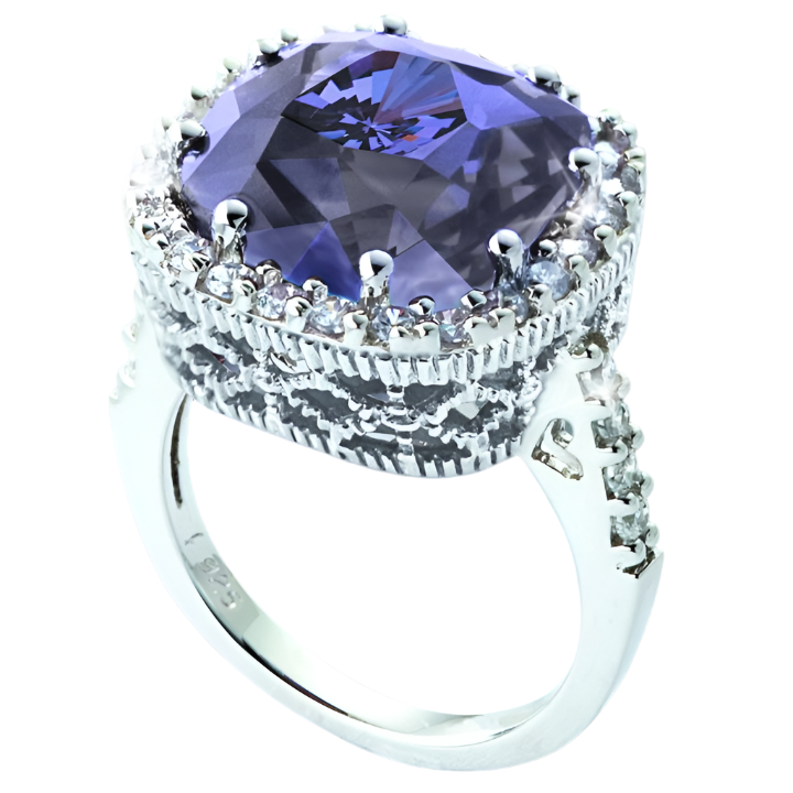 Padlock Ring featuring a large square-cut violet gemstone surrounded by small clear stones, set in sterling silver for a sophisticated female jewelry piece.