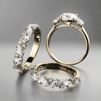 Three elegant Savoy Bridal Ring designs for women crafted in sterling silver with gold plating, featuring multiple sparkling gemstones arranged beautifully on each band.