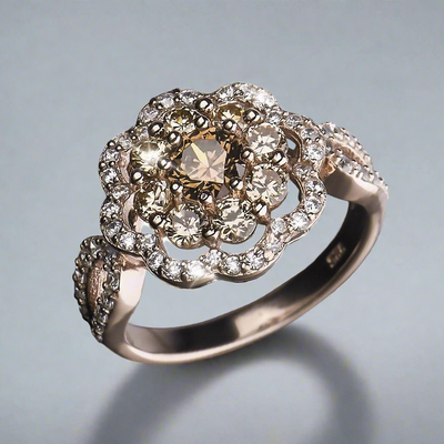 Eleganza Champagne Ring featuring a sterling silver band with rose gold plating and a cluster of sparkling champagne-colored stones in a floral design, crafted for women.
