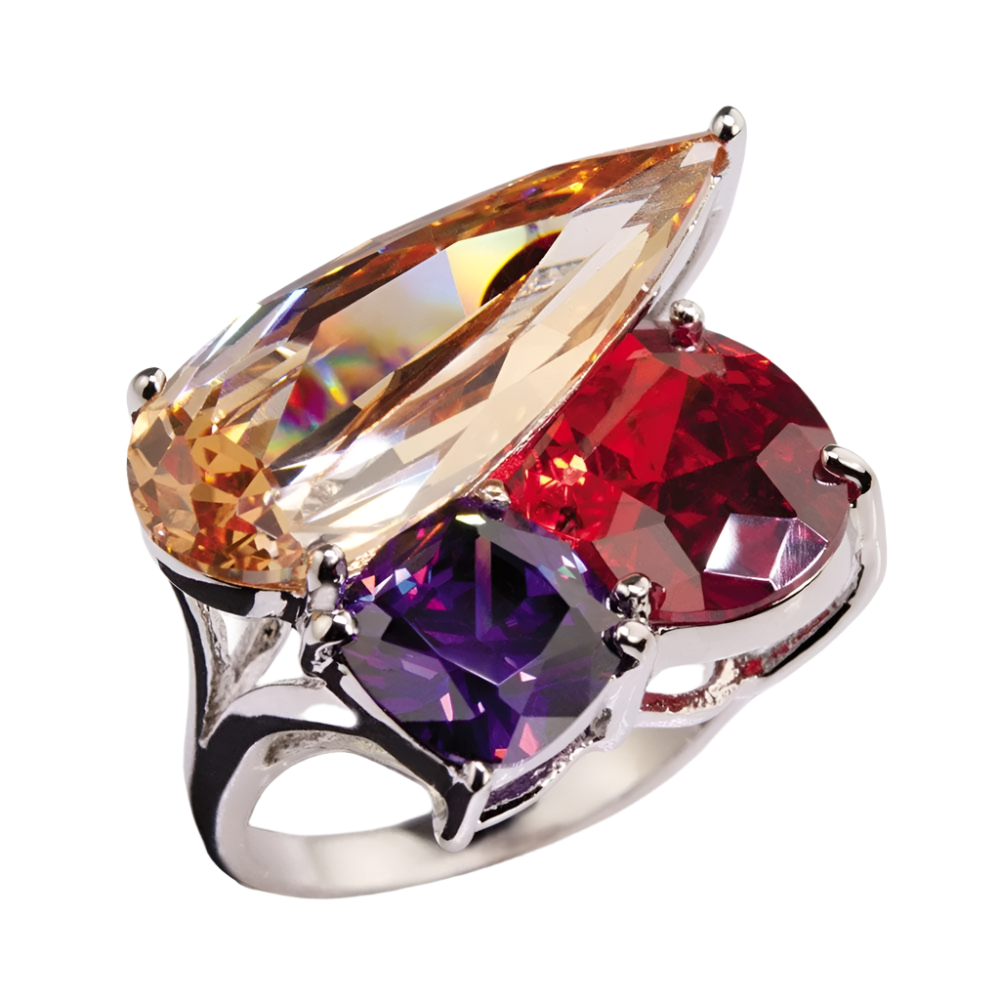 Raindrop Ring featuring a sterling silver band with rhodium plating, adorned with a large pear-shaped amber crystal and two smaller round red and purple gemstones, designed for women.