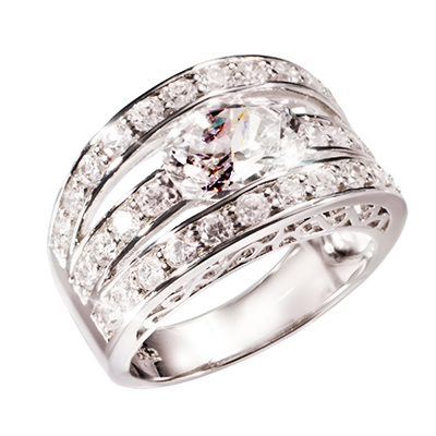 Verona Ring featuring sterling silver with rhodium plating, designed for females, showcasing a sparkling central stone surrounded by multiple rows of smaller stones in a luxurious setting.