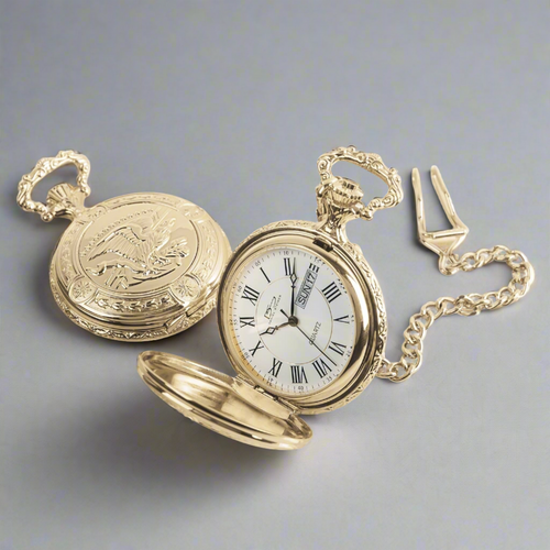 Golden American Eagle Hunter Pocket Watch & Chain