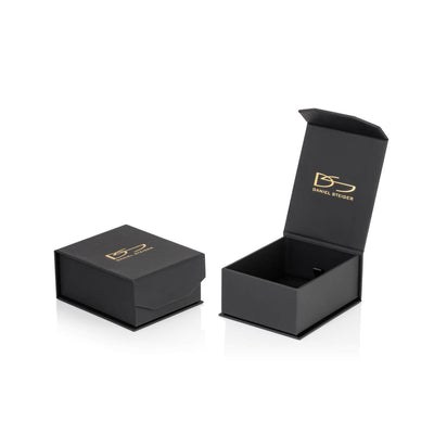 Elegant black jewelry boxes with gold logo, designed for presenting the Brilliant Birthstones Pendant July made of sterling silver with rhodium plating for women.