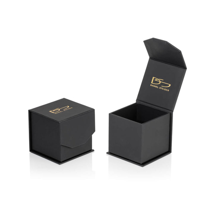 Black luxury ring jewelry box with gold DS Daniel Steiger logo, designed to hold the Mustique Ring, ideal for elegant ring presentation and storage.
