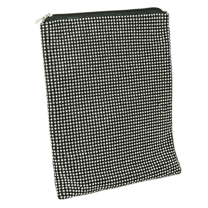 Crystal iPad Cover designed for females, featuring a sleek black exterior adorned with sparkling crystal rhinestones and a secure zipper closure.