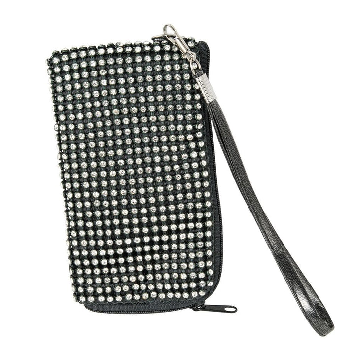 Black Crystal iPhone Cover designed for women, featuring a wrist strap and embellished with sparkling crystal accents for a chic and elegant look.