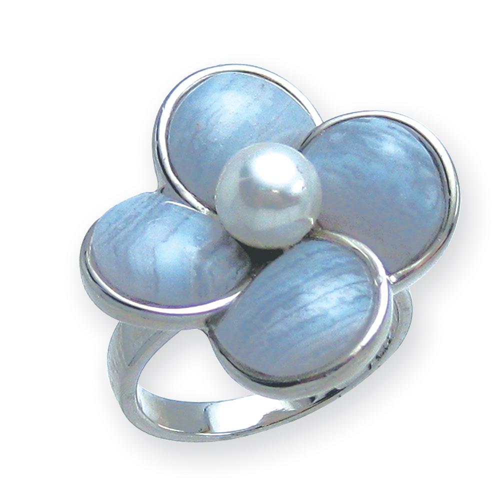 Lace Agate Ring featuring a silver band with four blue lace agate petals arranged like a flower, accented by a central white pearl, designed for women’s jewelry.