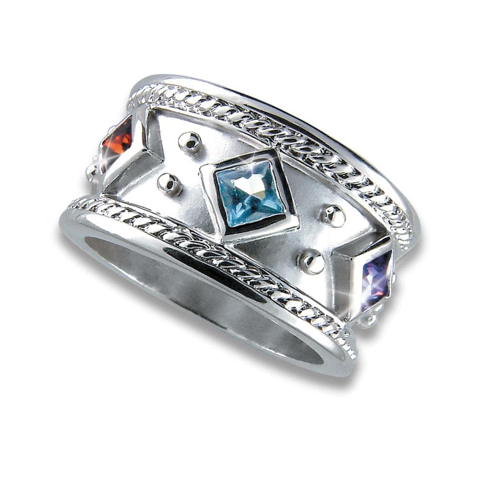 Amora Ring in sterling silver featuring a wide band design with intricate rope detailing and square-cut colored gemstones, crafted for a female audience.