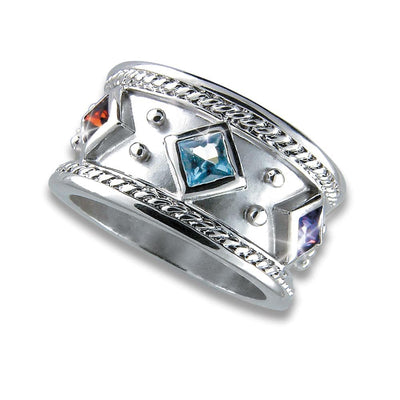 Amora Ring in sterling silver featuring a wide band design with intricate rope detailing and square-cut colored gemstones, crafted for a female audience.
