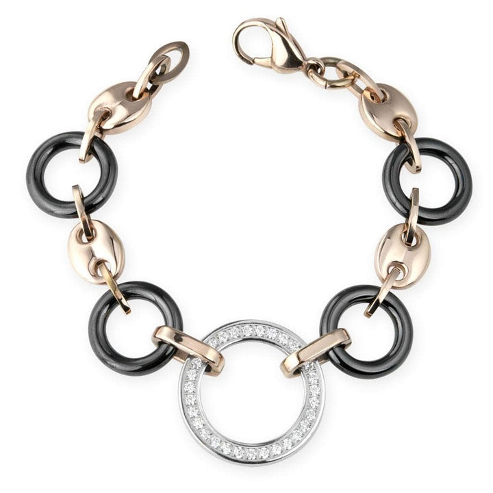 Java Ceramic Halo Bracelet featuring stainless steel and rose gold plating with black ceramic and a circle pendant embellished with sparkling crystals, designed for women.