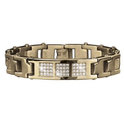 Allegria Men's Bracelet crafted from gold-plated stainless steel featuring a sleek, linked design with three rectangular sections adorned with sparkling crystals for a refined jewelry look.