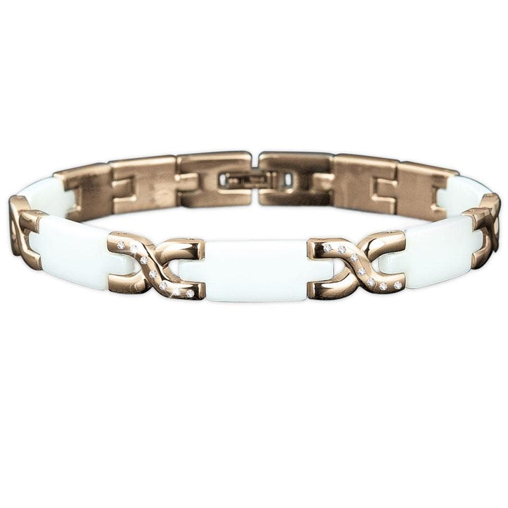 Ceramic Deluxe Bracelet featuring white ceramic links combined with rose gold stainless steel accents and subtle sparkling details, designed for women’s jewelry collections.