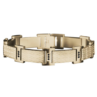 Rafferty Steel Bracelet for men crafted from stainless steel with gold plating, featuring a textured design and black stone accents, ideal for luxury jewelry collections.