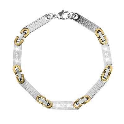 Olympus Men's Bracelet featuring two-tone plating in stainless steel with a geometric link design, combining silver and gold tones in a stylish men's bracelet.