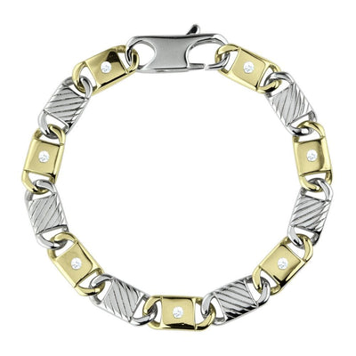 Hamilton Bracelet featuring a two-tone stainless steel design with alternating gold and silver links, each adorned with small clear stones, crafted for men’s jewelry.