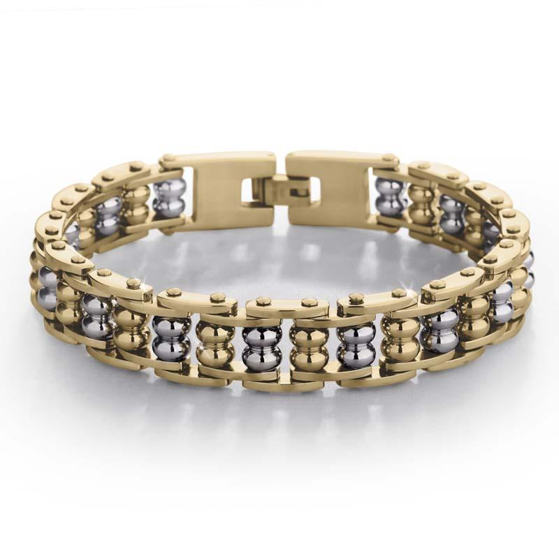 Centaur Bracelet for men featuring a masculine design with interlinked gold-tone and silver-tone metal beads, combining durability and stylish jewelry appeal.
