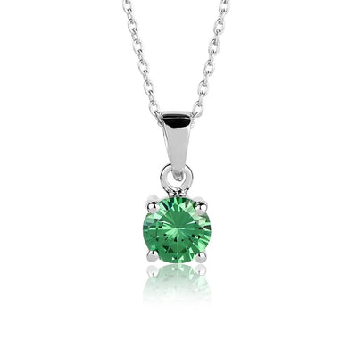 Brilliant Birthstones Pendant May featuring a round green birthstone set in rhodium-plated sterling silver, designed for women’s elegant jewelry collections.