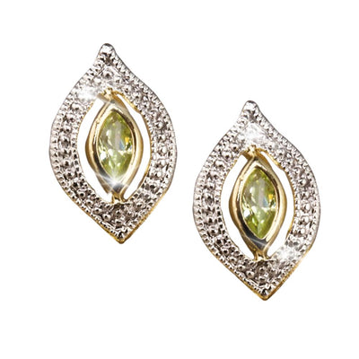Peridot Bali Earrings featuring sterling silver with gold plating, showcasing marquise-cut green peridot stones in a textured, elegant design for women’s jewelry.