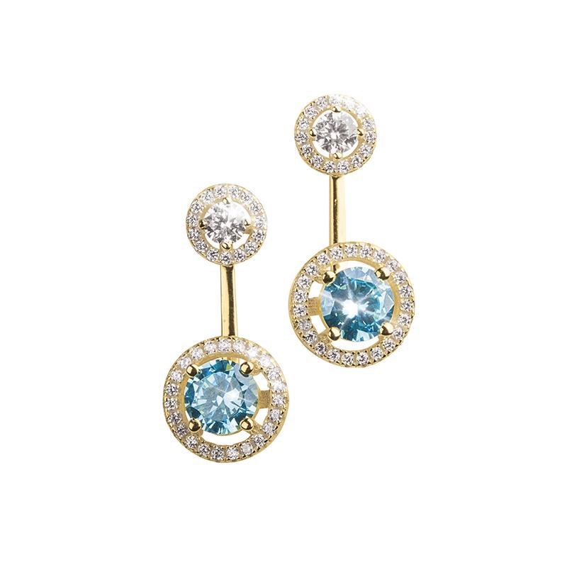 Catalina Halo Earrings featuring sterling silver construction with a double halo design, accented by sparkling clear and blue gemstones for elegant female jewelry.