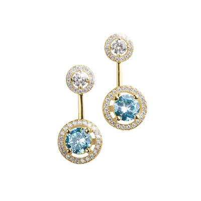Catalina Halo Earrings featuring sterling silver construction with a double halo design, accented by sparkling clear and blue gemstones for elegant female jewelry.