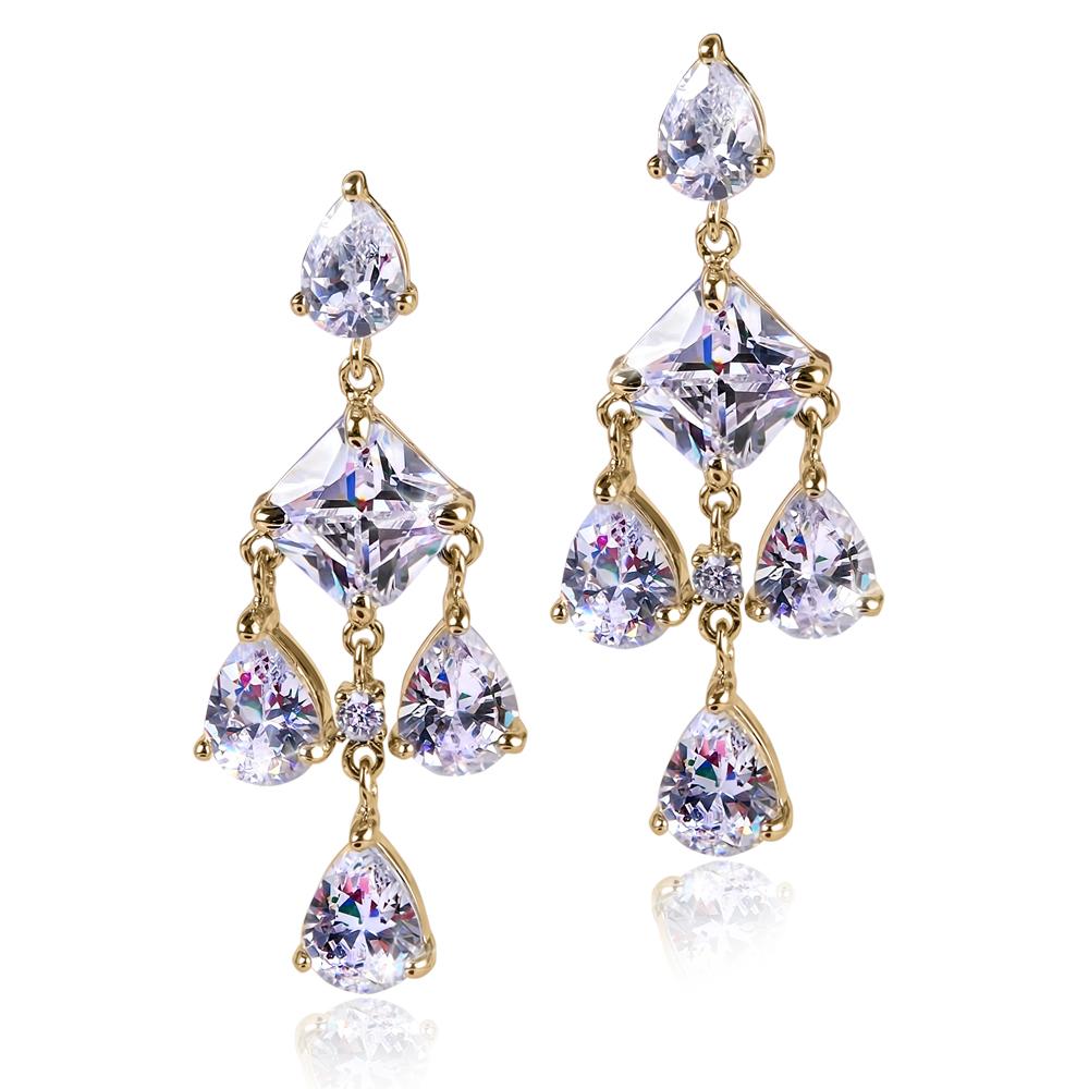 Ice Chandelier Earrings featuring gold-plated sterling silver with sparkling clear stones arranged in an elegant chandelier design for women’s jewelry.