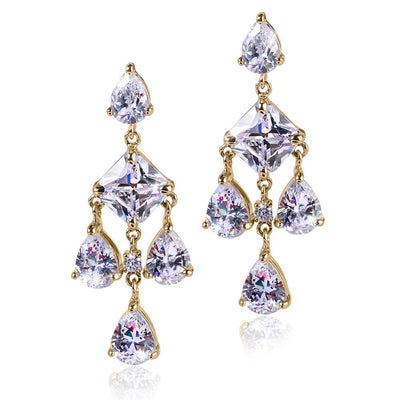 Ice Chandelier Earrings featuring gold-plated sterling silver with sparkling clear stones arranged in an elegant chandelier design for women’s jewelry.