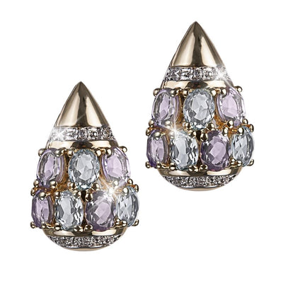 Wysteria Sky Earrings featuring sterling silver with gold plating, adorned with multiple oval light purple and clear gemstones in a teardrop design, elegant jewelry for women.