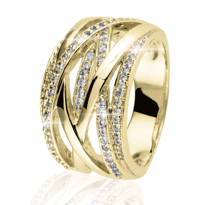 Interlace Ring Gold featuring a sterling silver base with gold plating, designed for women, showcasing an elegant pattern accented with sparkling stones for a luxurious jewelry piece.