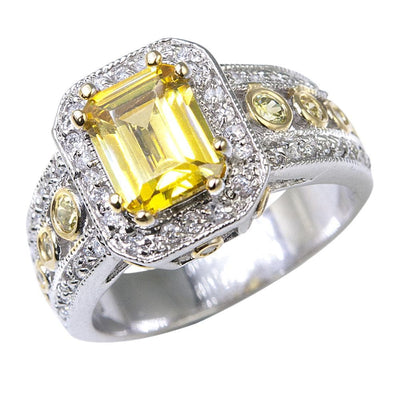 Imperial Saffron Ring featuring a two-tone sterling silver band with a large rectangular saffron gemstone centerpiece surrounded by smaller clear and yellow stones, designed for women.
