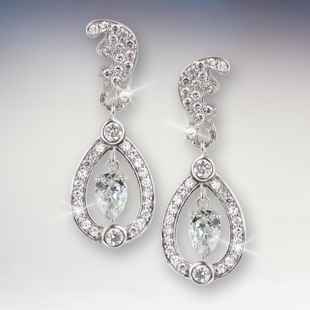 Kate Earrings featuring sterling silver with teardrop-shaped and round sparkling clear gemstones, designed elegantly for women’s fine jewelry collection.