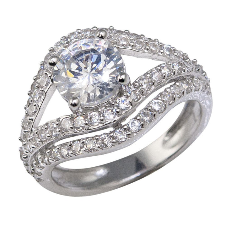 Malocchio Rhodium Ring featuring a large round center stone surrounded by sparkling crystals set in sterling silver with rhodium plating, designed for women’s jewelry.
