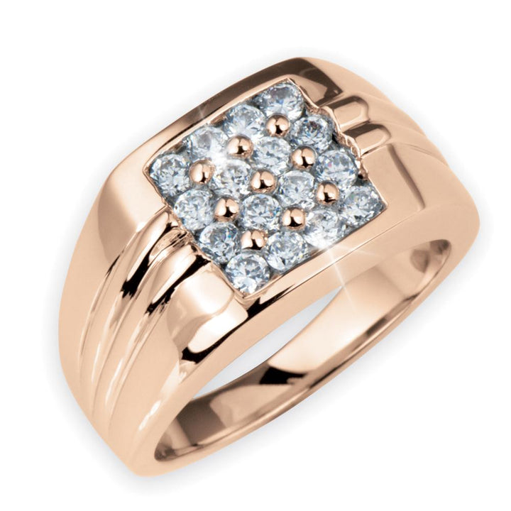 Mirage Men's Ring Rose Gold featuring a sterling silver band with rose gold plating and a cluster of sparkling clear stones for a bold, sophisticated jewelry statement.