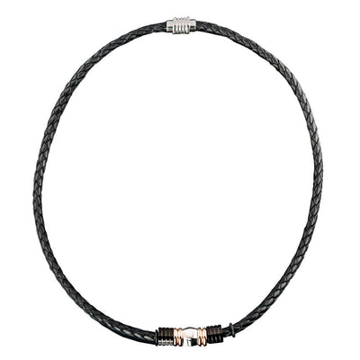 Black Diamond Leather Necklace featuring a sleek black braided leather design with a polished metal clasp, perfect for stylish male jewelry and necklace collectors.