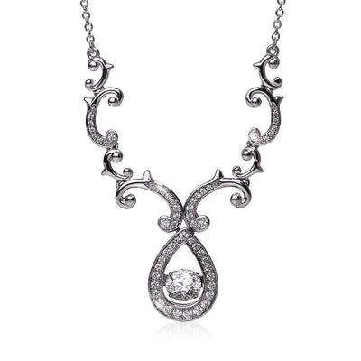 Rococo Dancing Necklace featuring sterling silver with rhodium plating, showcasing an intricate scroll design and a sparkling pendant center, elegant jewelry for women.